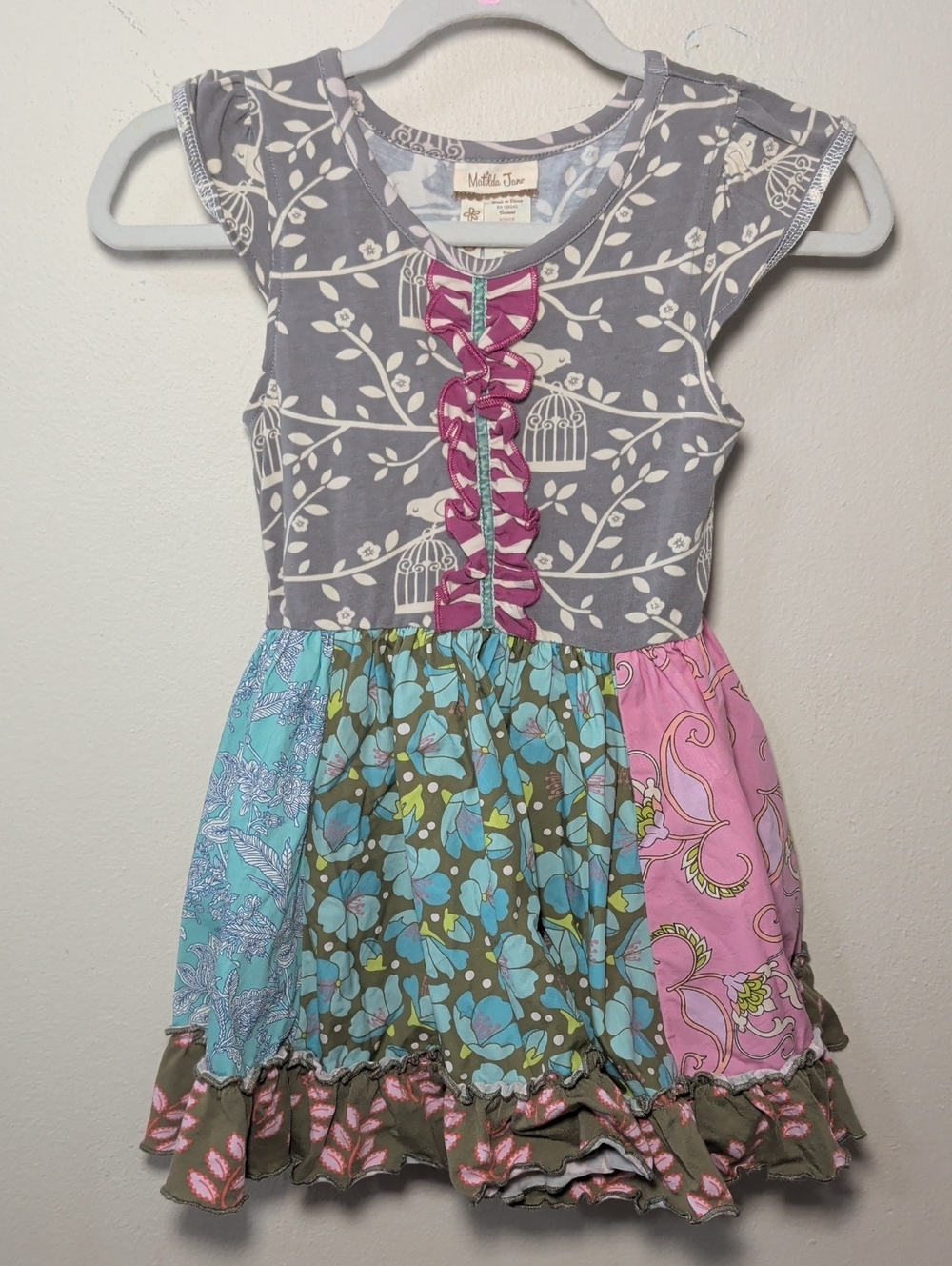 Matilda Jane Frosty Blooms Dress Gray Blue Pink Ruffles Birds Floral Girl Size 2